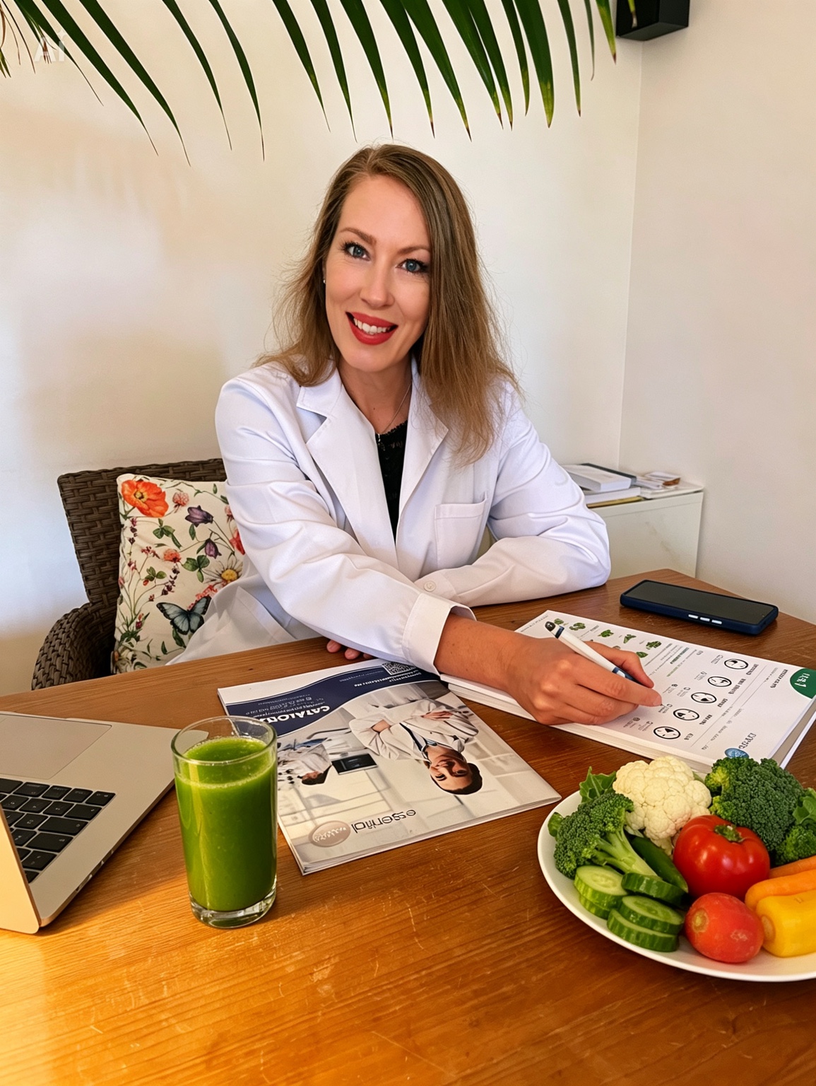 Carmel Vilanova con bata blanca, un jugo verde y alimentos saludables